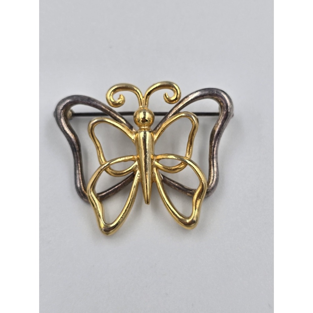 Vintage Two-Tone Butterfly Brooch Gold and Silver Tone Openwork Pin 1.5" - Picture 5 of 6